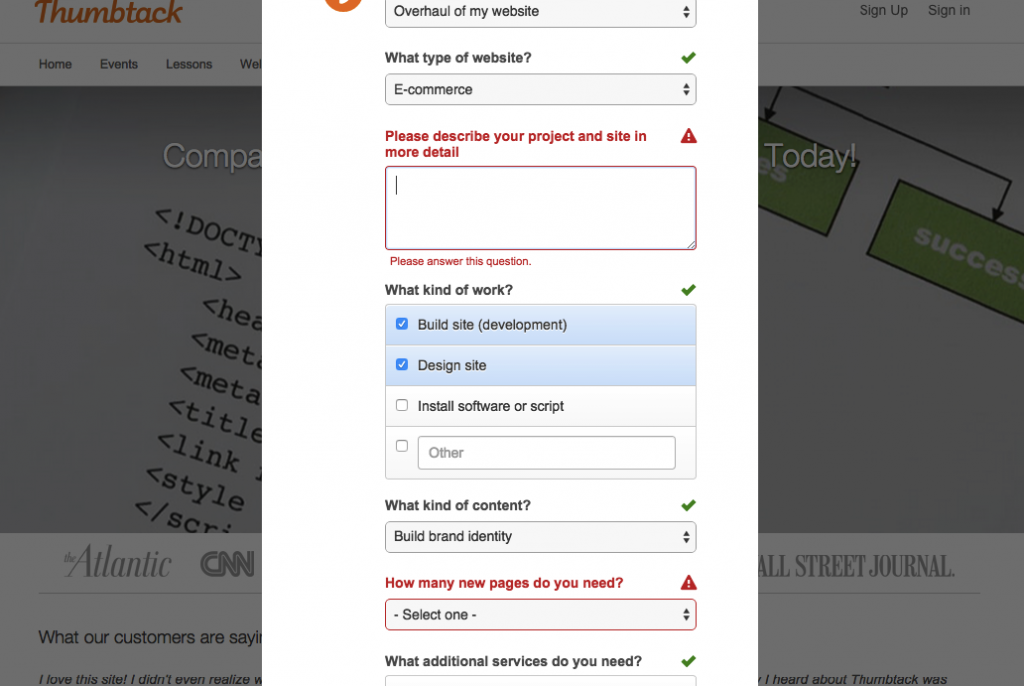Form errors on the Thumbtack from.