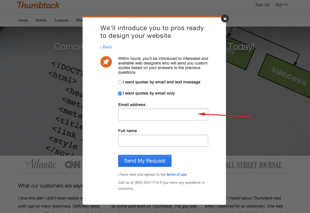 The personal info asked by Thumbtack.