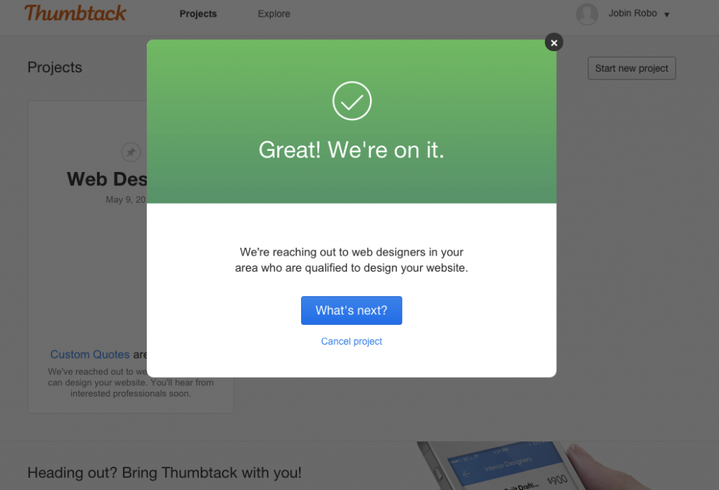 Thumbtack confirmation page.
